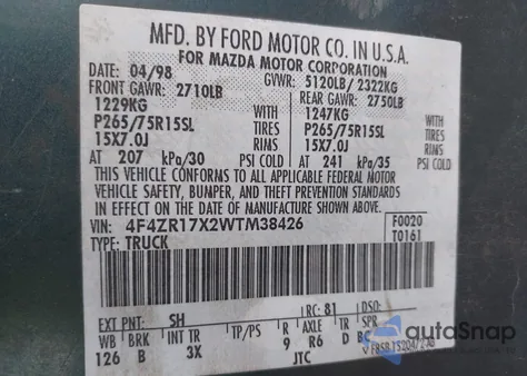 1998 Mazda B4000 Se из США, поврежденный, VIN 4F4ZR17X2WTM38426